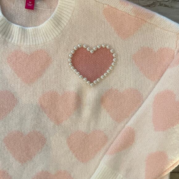 Vince Camuto Crewneck Heart Pullover Sweater Size Medium Pearls Novelty Boxy - Picture 4 of 9